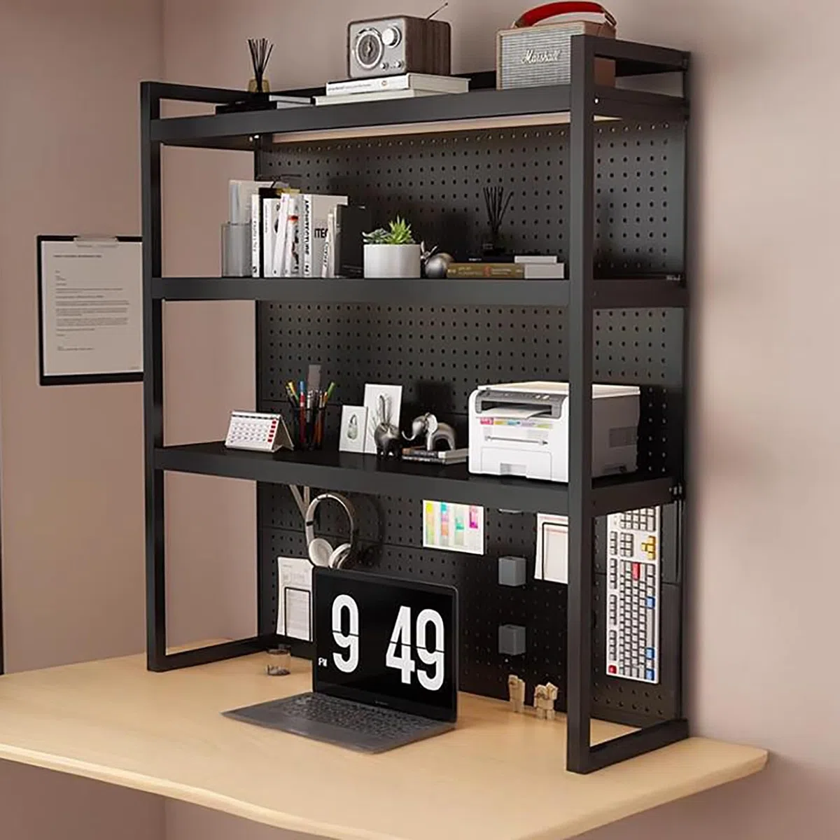 Escritorio negro ajustable para oficina en casa, estantería de 3 niveles con tablero de clavijas, estante de exhibición de almacenamiento de metal, organizador de escritorio para dormitorio (99.8 cm