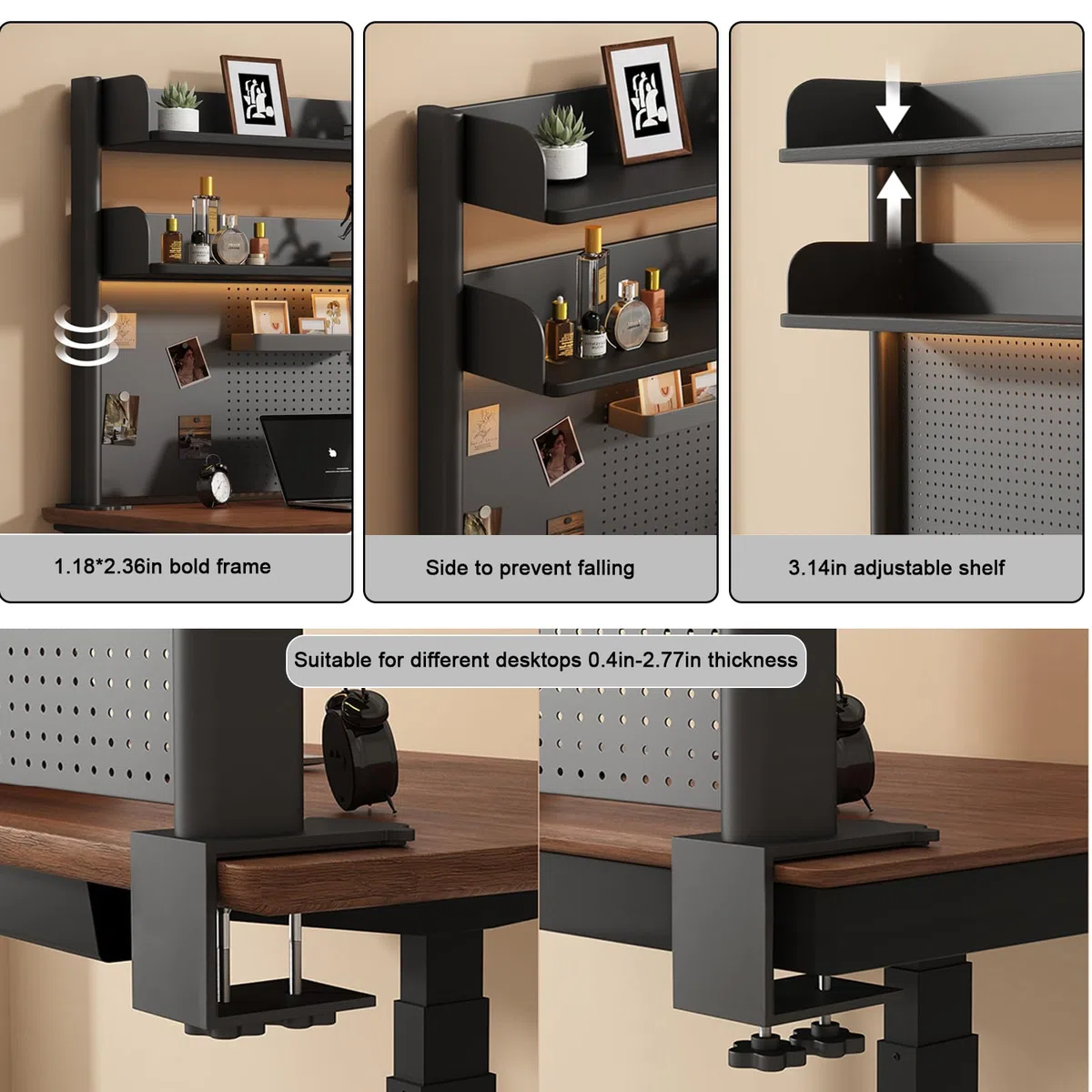 Organizador de escritorio ajustable con abrazadera con tablero de clavijas, solución de almacenamiento versátil para oficina en casa, fácil instalación, maximiza la eficiencia del espacio de trabajo y
