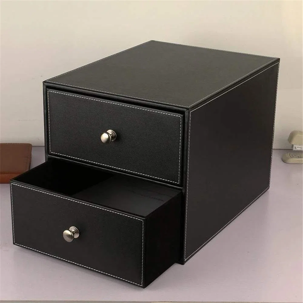 Bandeja archivadora de Escritorio de Cuero, Caja de Almacenamiento con cajón, archivador, Estante de Escritorio para el hogar, la Oficina y la Escuela, marrón 25,5 x 33,5 x 24,5 cm (Negro 25
