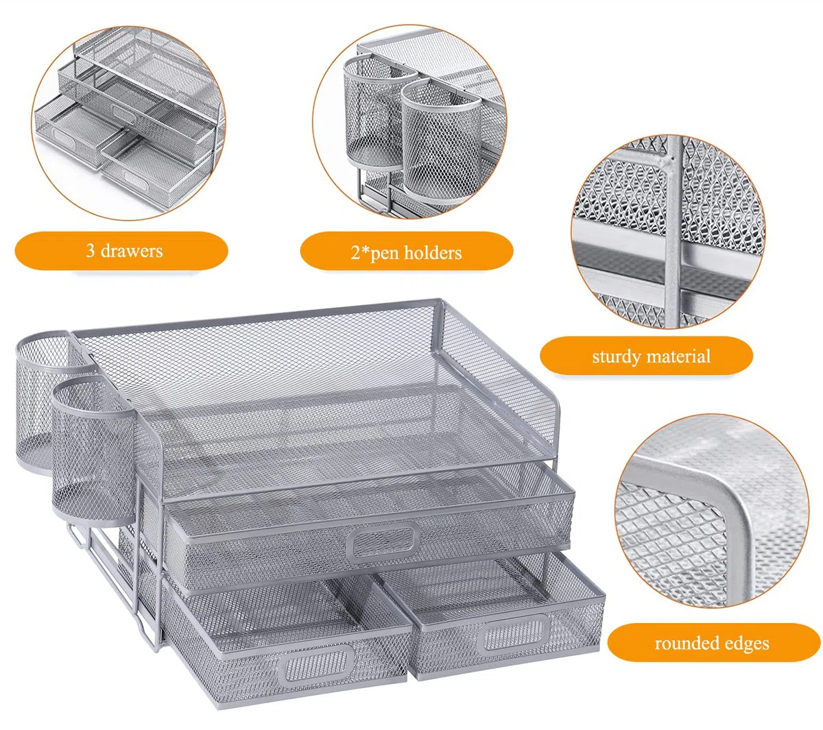 Organizador de escritorio de 3 bandejas con cajón, Messh Office Desk Supplies Organizer Carta de documentos Titular de la bandeja para Office Home (Plata)