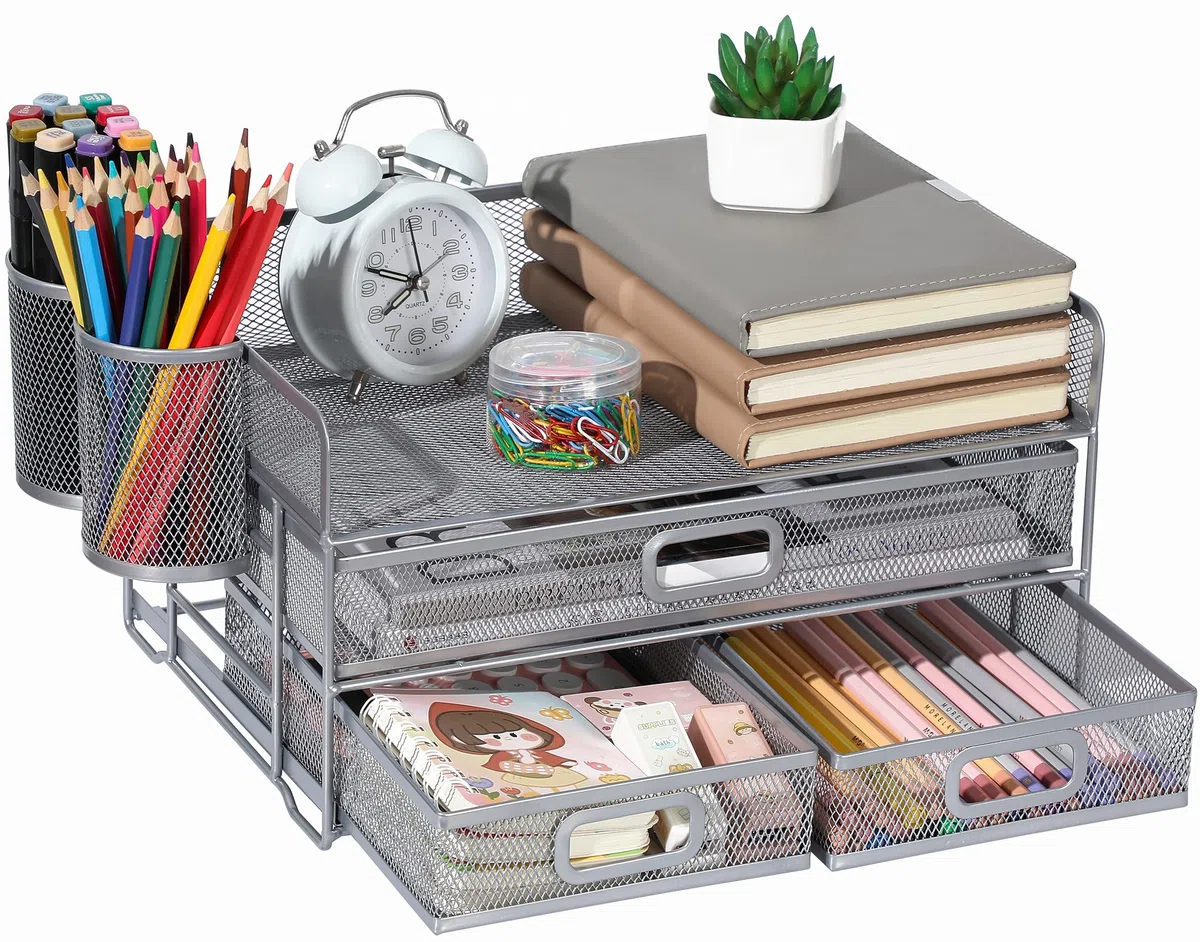 Organizador de escritorio de 3 bandejas con cajón, Messh Office Desk Supplies Organizer Carta de documentos Titular de la bandeja para Office Home (Plata)