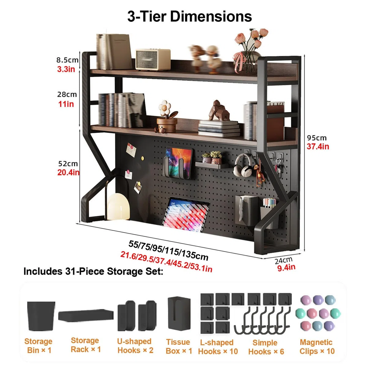 Organizador de escritorio de 3 niveles con tablero de clavijas, estante de almacenamiento de metal para oficina en casa, elegante diseño blanco y madera, perfecto para suministros de manualidades y