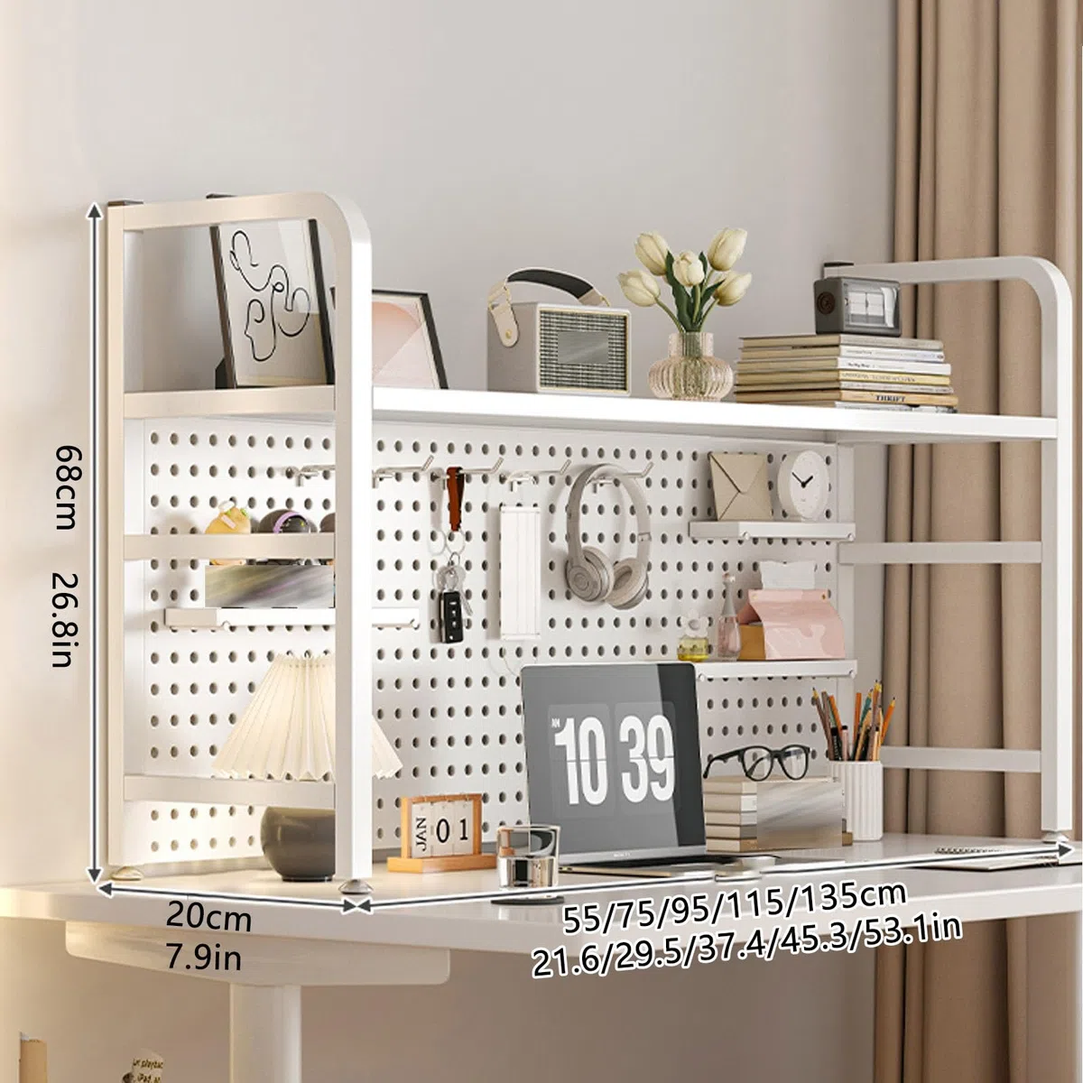 Freending - Estante de metal para escritorio con tablero de clavijas, Boohelf multifunción para dormitorio Colle, color blanco, 45.3 x 7.9 x 26.8 pulgadas, perfecto para nizing Boo & Supplies
