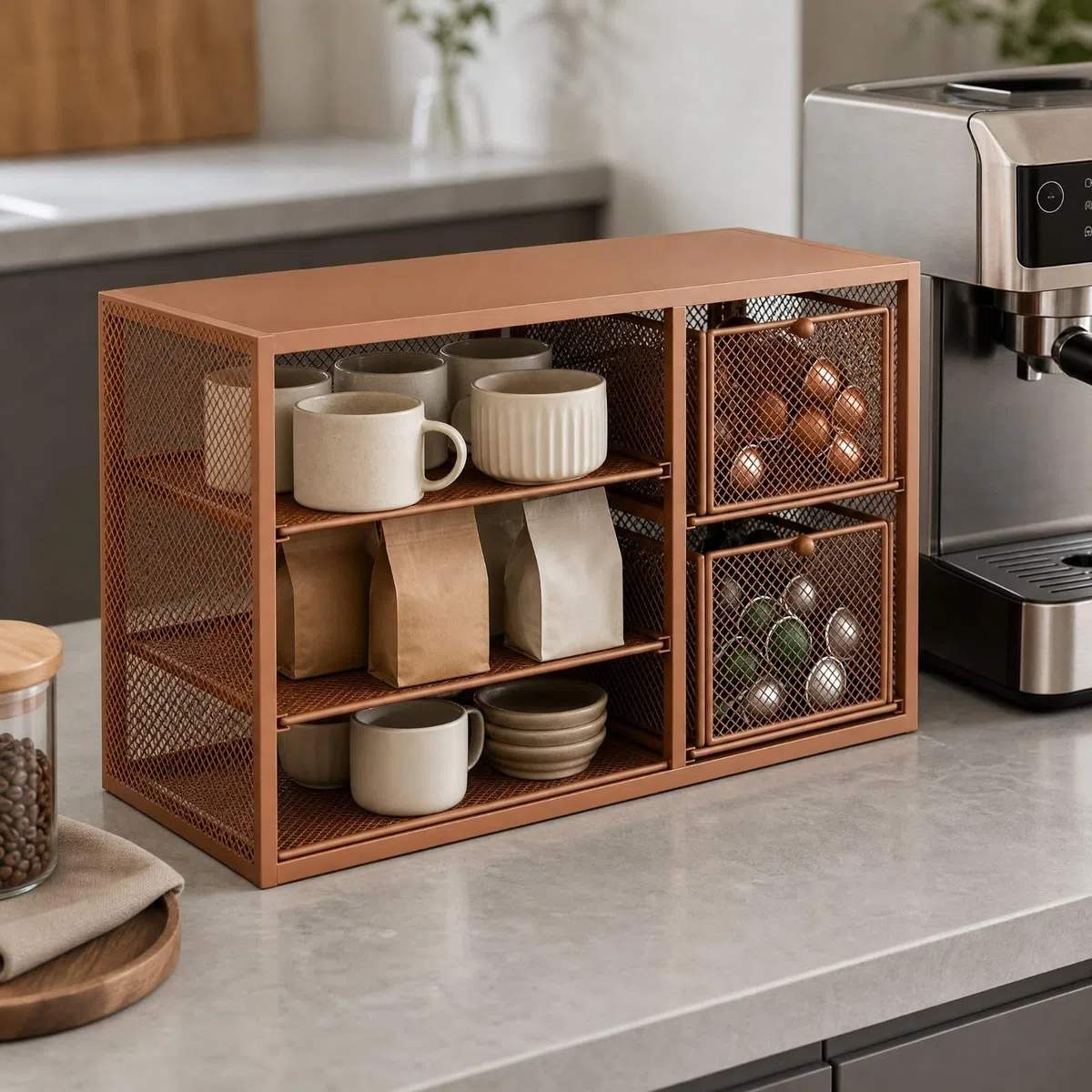 rockible Organizador Café con Cajones Ventilado Rack Malla con Cajones Resisn Encimera para Oficina, Dormitorio Estudiantil,