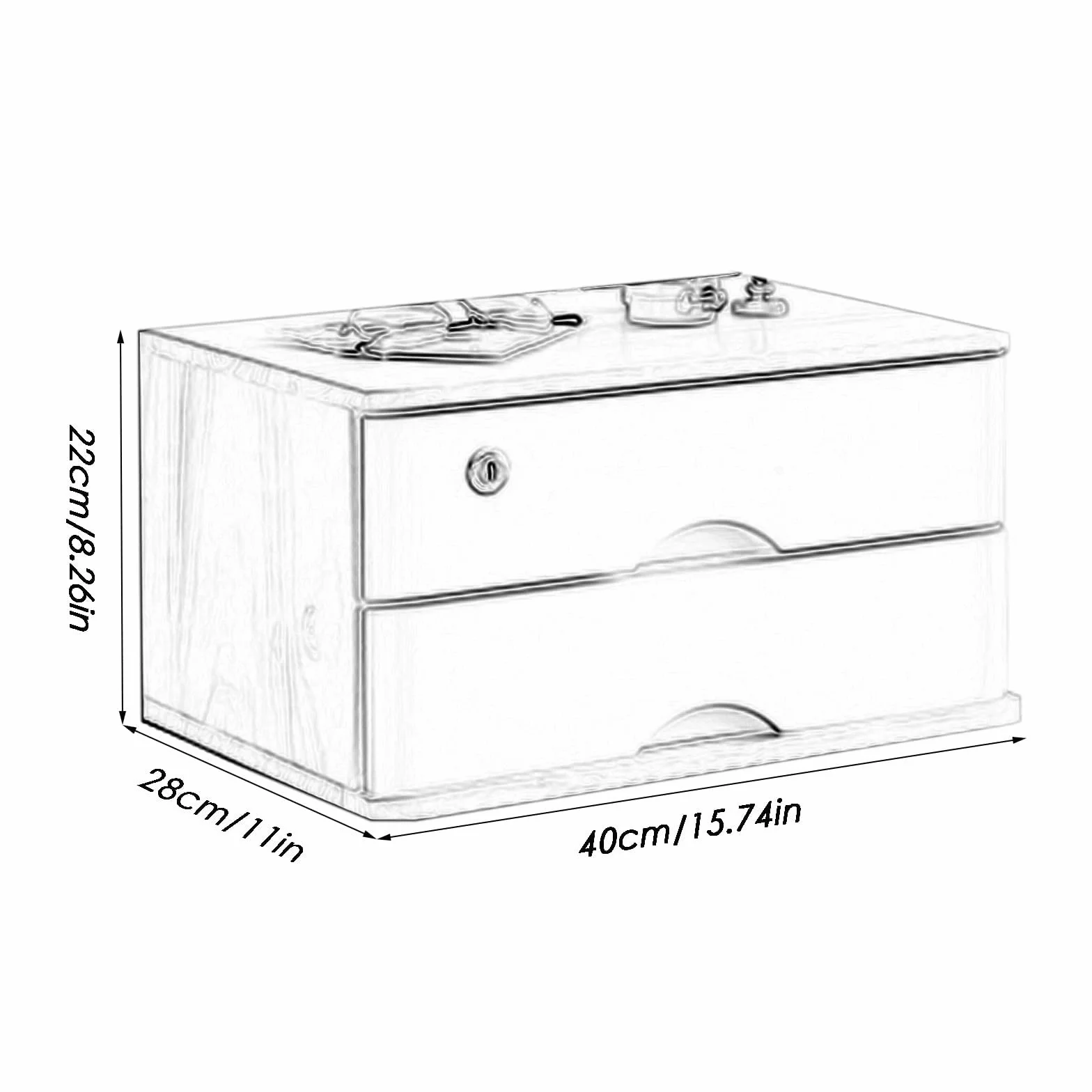 Archivador de madera con cerradura, caja de almacenamiento de madera maciza con 2 cajones, organizador de escritorio de oficina, almacenamiento de documentos de varios niveles, acabado blanco