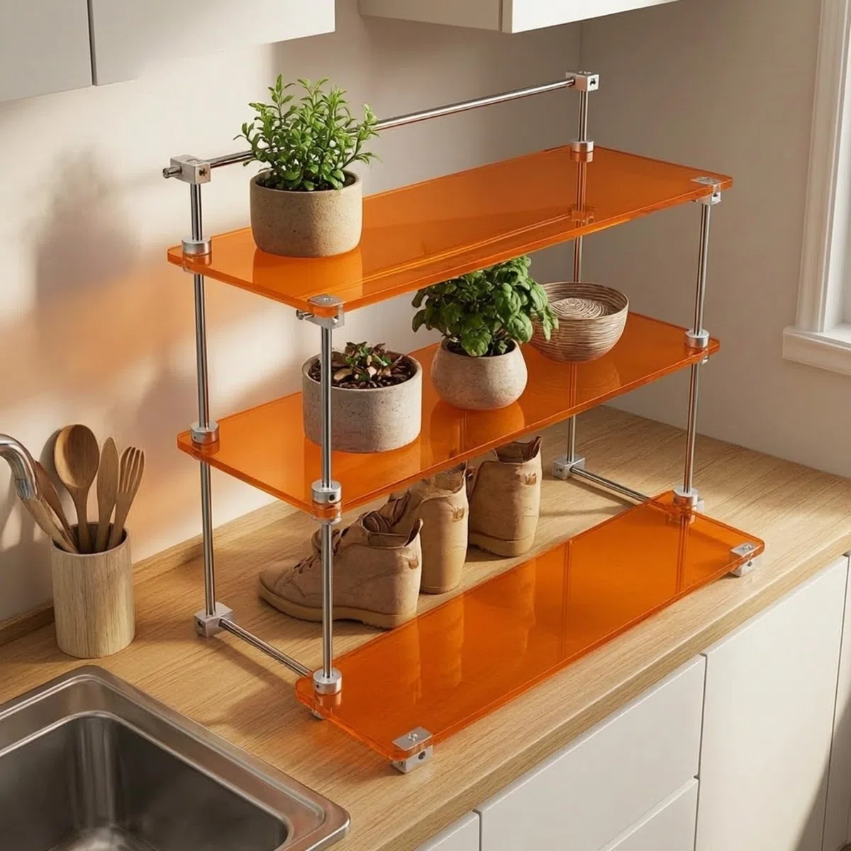 3 Niveles Versátil | Estable, Escalonado, Organizador Mesa con borde, para Escritorio, Gris