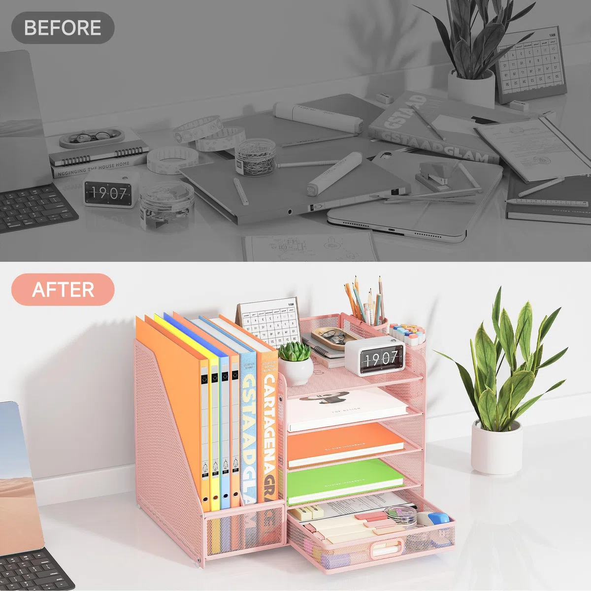 VITVITI Organizador de escritorio con archivador, organizador de escritorio de 5 niveles con 2 portabolígrafos, 2 bandejas para papeles y cajón para revistas, casa, escuela - Rosa