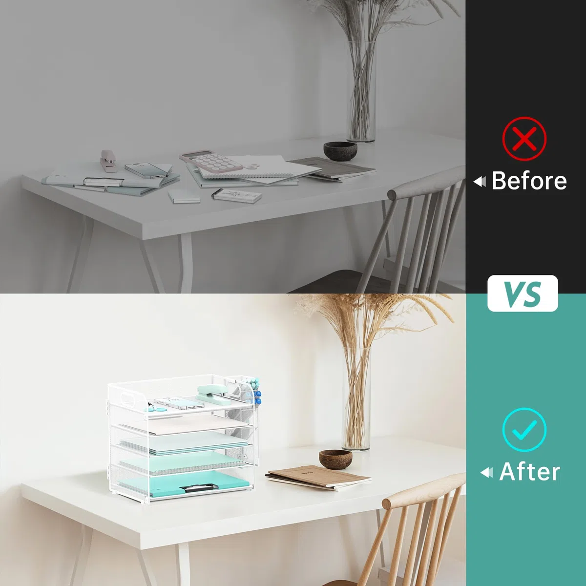 SUPEASY Organizador de escritorio de 5 niveles con asa y soportes extraíbles para bolígrafos, organizador de papel/archivos de malla para escritorio, bandeja de cartas de papel para suministros de