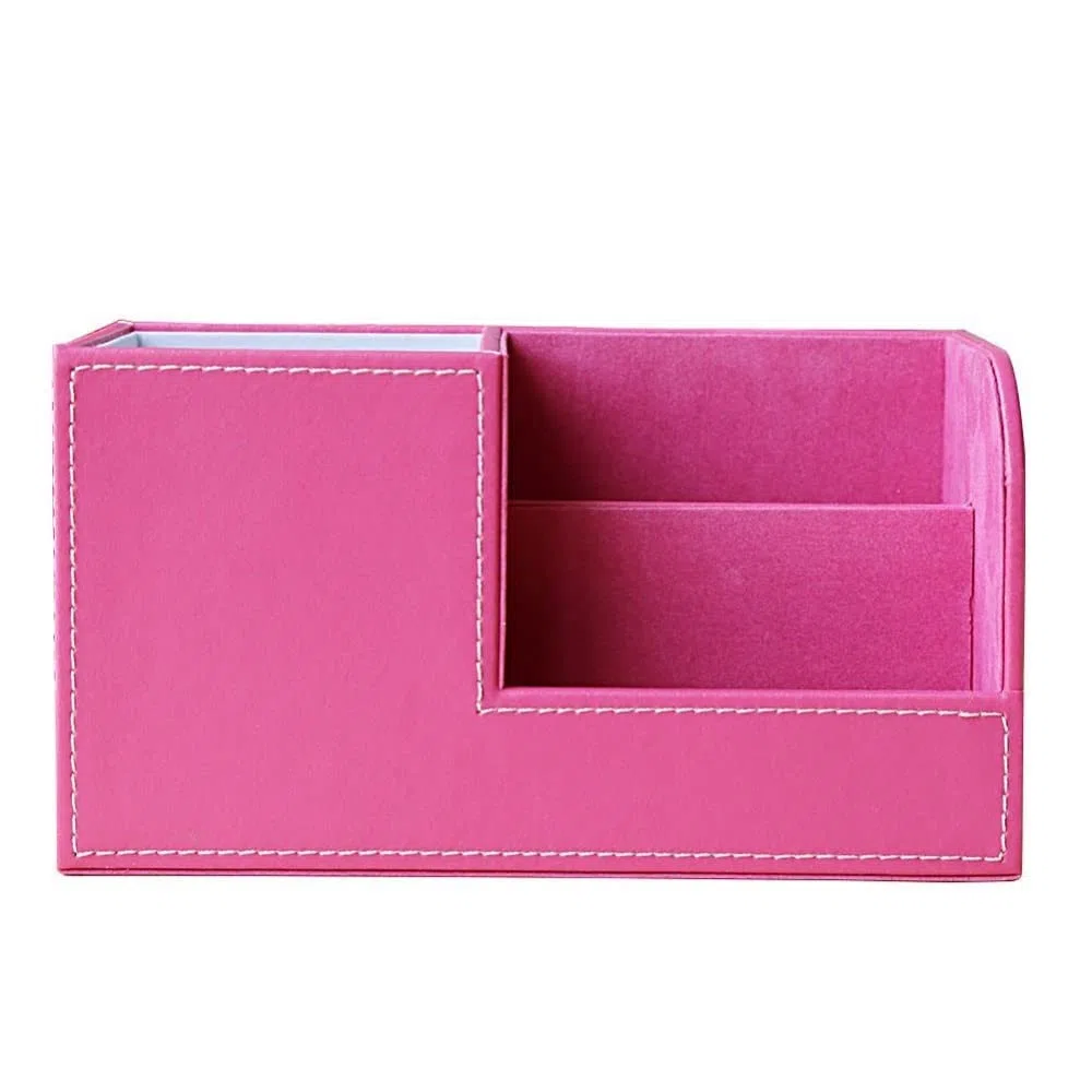 Rosa PU Cuero multifunción Escritorio papelería Organizador Caja de Almacenamiento Pluma/lápiz Soporte de Control Remoto (Rosa 20,3 * 9,3 * 11 cm)