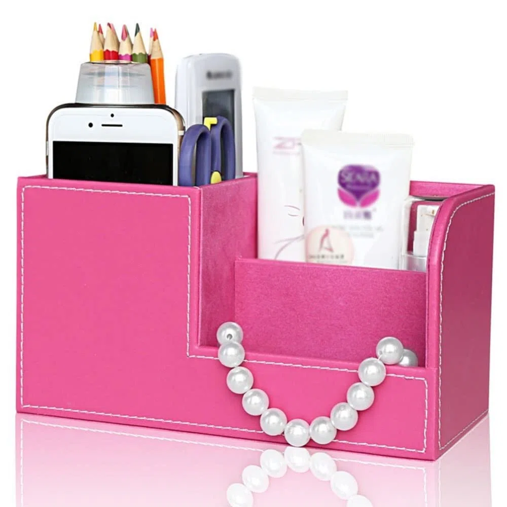 Rosa PU Cuero multifunción Escritorio papelería Organizador Caja de Almacenamiento Pluma/lápiz Soporte de Control Remoto (Rosa 20,3 * 9,3 * 11 cm)