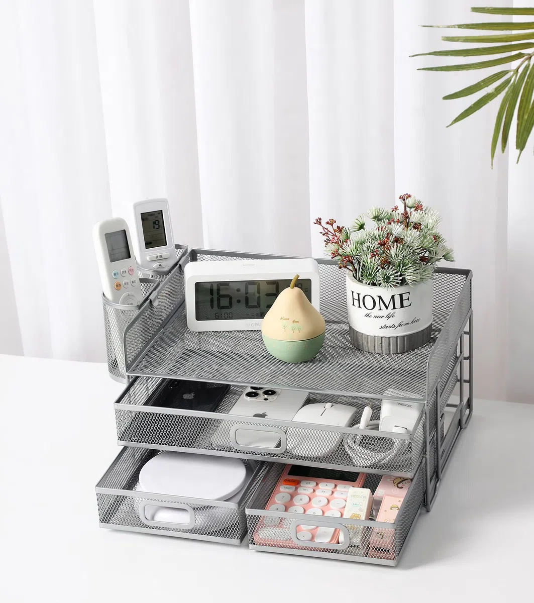 Organizador de escritorio de 3 bandejas con cajón, Messh Office Desk Supplies Organizer Carta de documentos Titular de la bandeja para Office Home (Plata)
