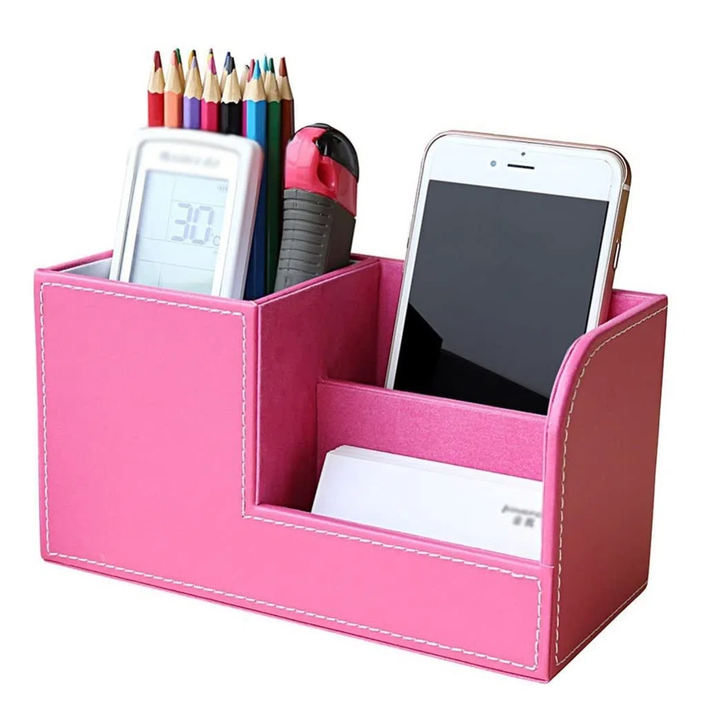 Rosa PU Cuero multifunción Escritorio papelería Organizador Caja de Almacenamiento Pluma/lápiz Soporte de Control Remoto (Rosa 20,3 * 9,3 * 11 cm)