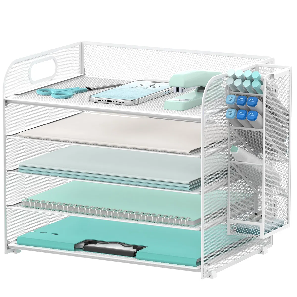 SUPEASY Organizador de escritorio de 5 niveles con asa y soportes extraíbles para bolígrafos, organizador de papel/archivos de malla para escritorio, bandeja de cartas de papel para suministros de