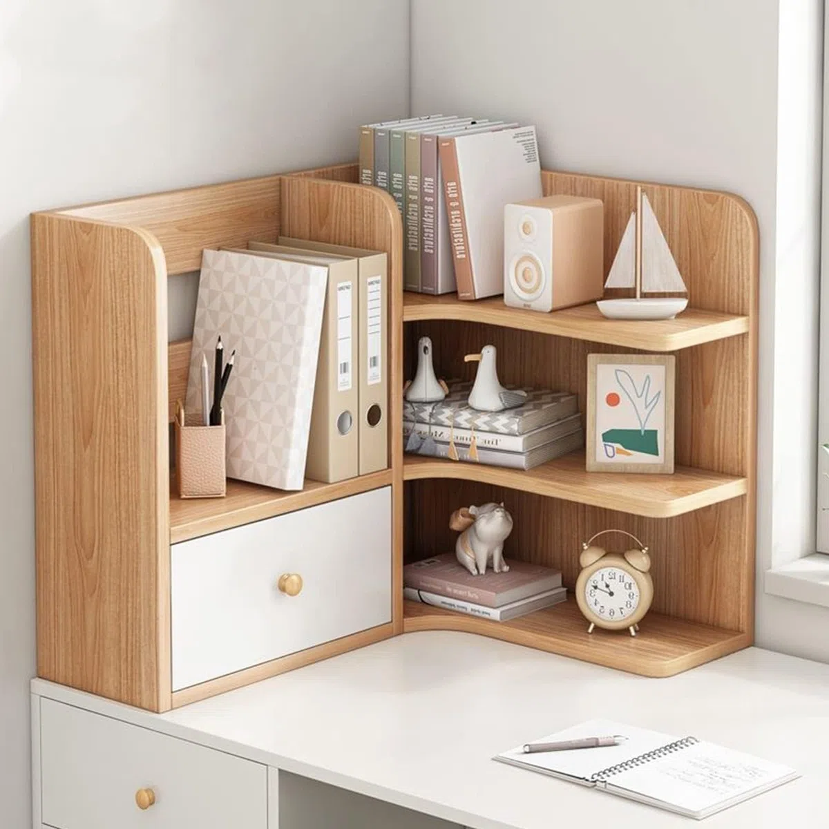 Estantería Organizador De Escritorio - Organizador De Escritorio, Organizador De Estante De Exhibición De Madera Maciza, Estantería De Encimera, Para El Hogar, Suministros De Oficina(Natural)