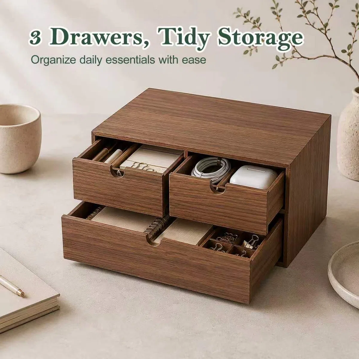 Organizador de escritorio de madera de 2 niveles con 3 cajones, gabinete de almacenamiento de escritorio para suministros de oficina, papelería, maquillaje, joyas y accesorios de manualidades