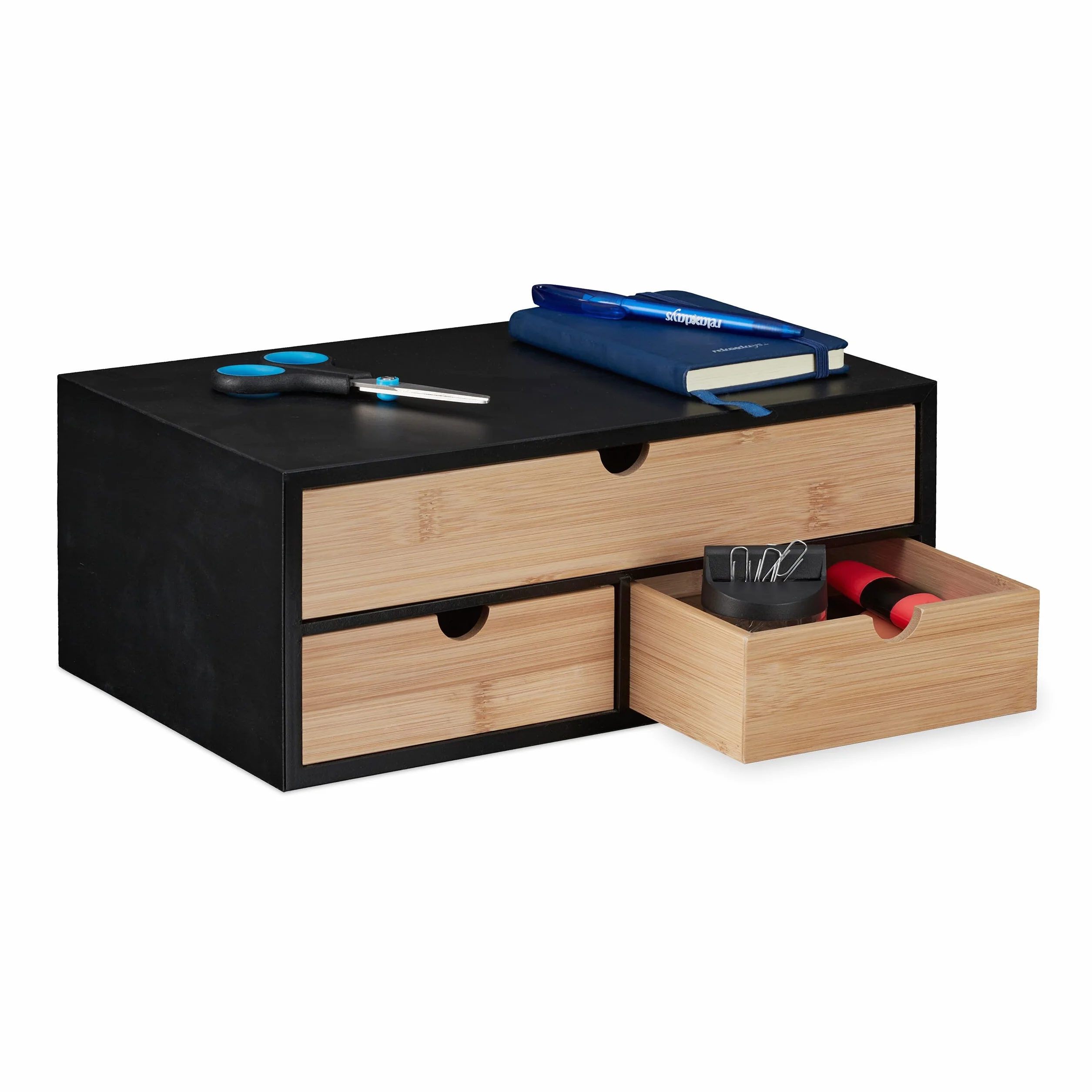 Relaxdays Organizador de Escritorio con 3 Cajones, Bambú Veteado y MDF, para Oficina, 13,5 x 33 x 21 cm, Natural y Negro