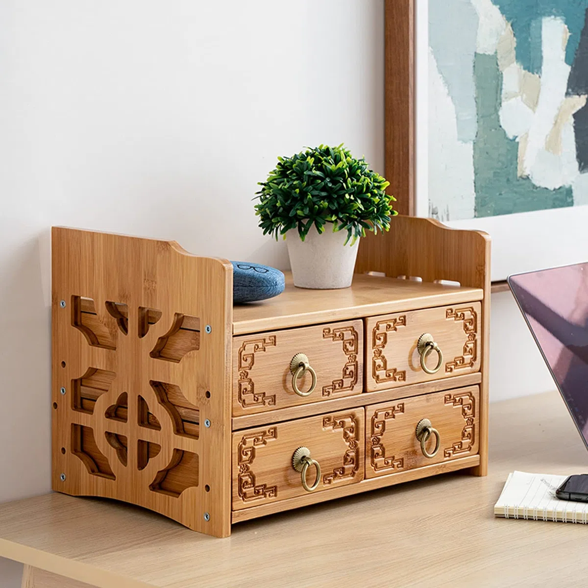 Caja de almacenaje Caja de almacenamiento de archivos de escritorio Caja de almacenamiento cosmético de escritorio Almacenamiento de bambú Rack Drawer Organizer Home Office Suministre Suministre Rack