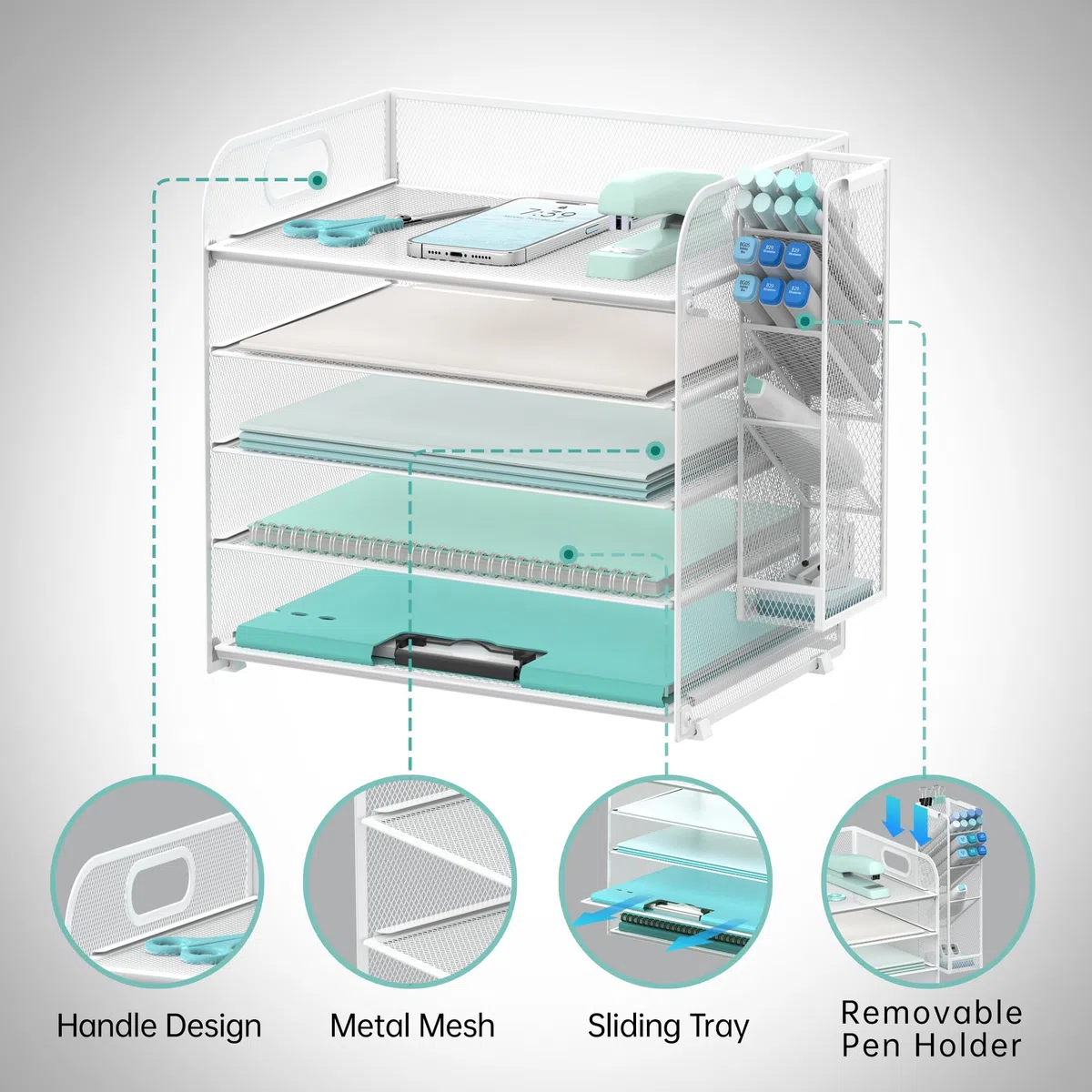 SUPEASY Organizador de escritorio de 5 niveles con asa y soportes extraíbles para bolígrafos, organizador de papel/archivos de malla para escritorio, bandeja de cartas de papel para suministros de