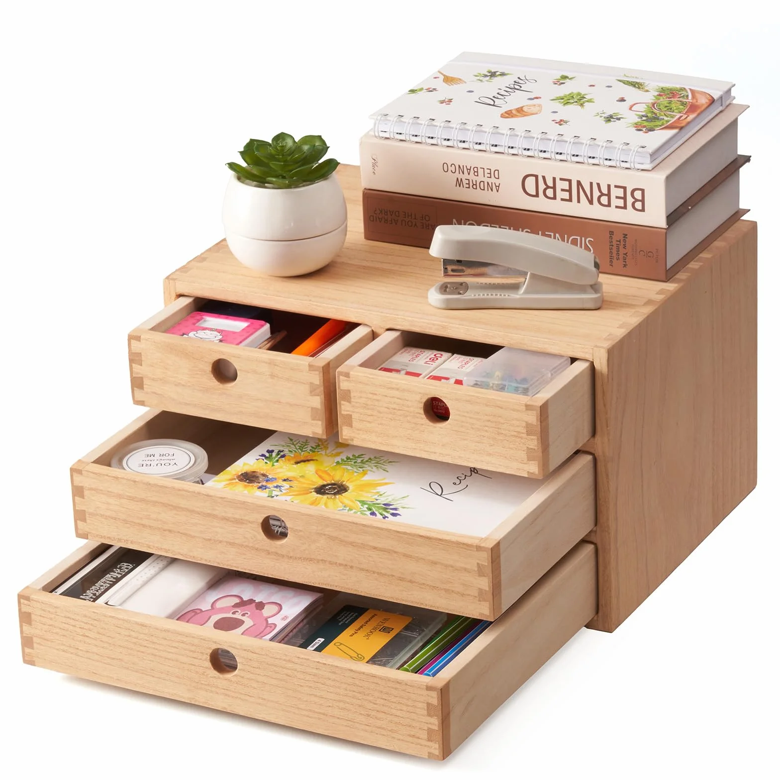 KIRIGEN Cajas de Madera para cajones Planos de Archivos, Cajas de Almacenamiento con Compartimentos, Montaje sin Herramientas 3 Niveles/4 cajones Color Natural