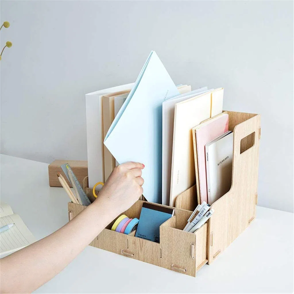 Organizador de escritorio de madera con soporte para archivos, clasificador de cartas, soporte para lápices Sto para el hogar y la oficina