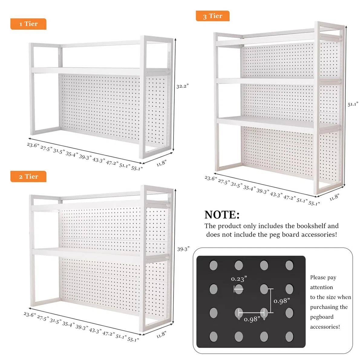 Escritorio negro ajustable para oficina en casa, estantería de 3 niveles con tablero de clavijas, estante de exhibición de almacenamiento de metal, organizador de escritorio para dormitorio (99.8 cm