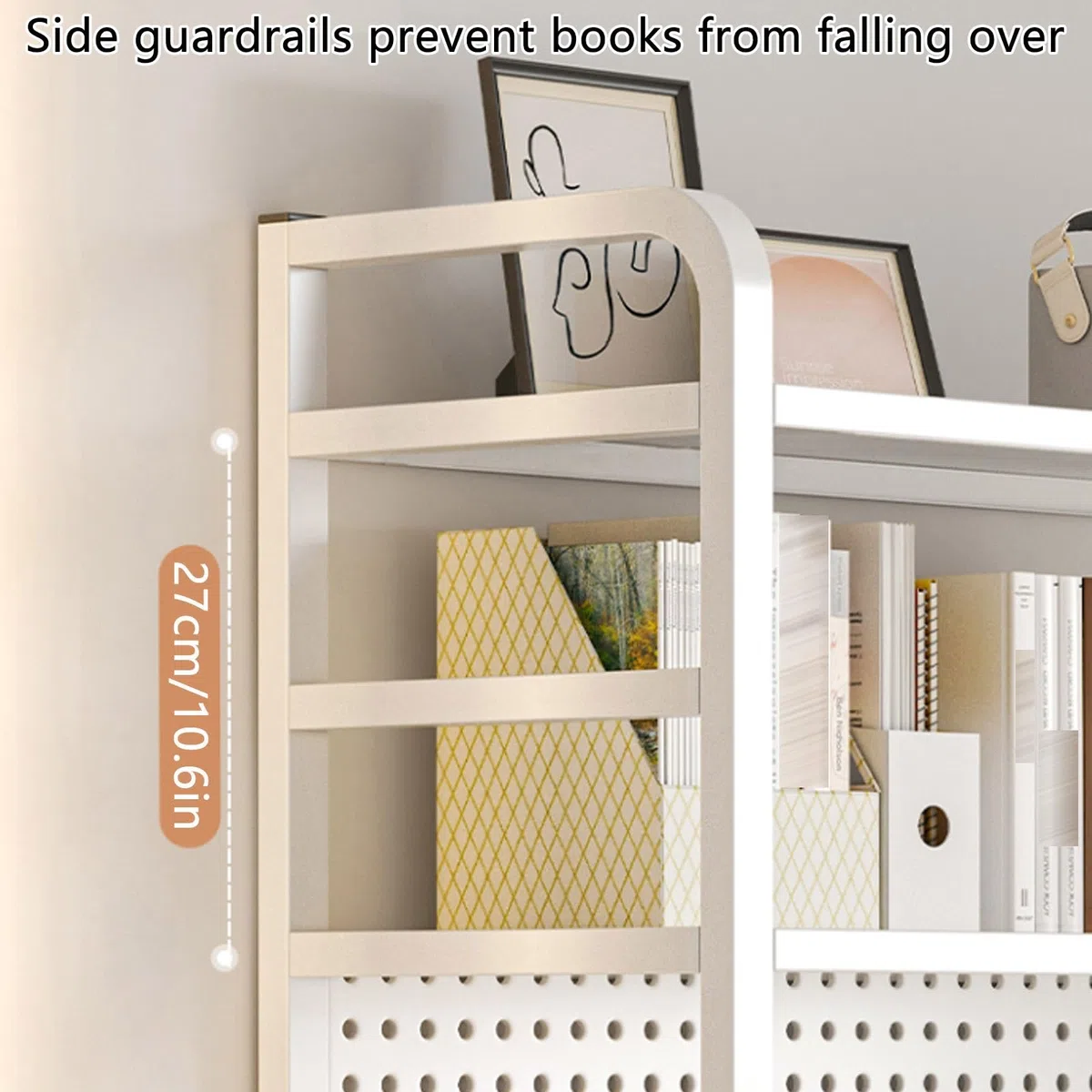 Freending - Estante de metal para escritorio con tablero de clavijas, Boohelf multifunción para dormitorio Colle, color blanco, 45.3 x 7.9 x 26.8 pulgadas, perfecto para nizing Boo & Supplies