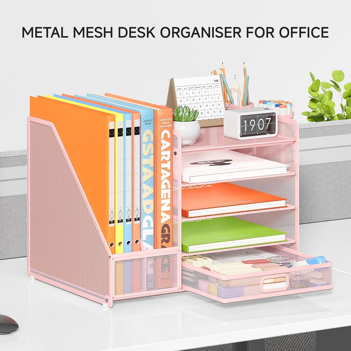 VITVITI Organizador de escritorio con archivador, organizador de escritorio de 5 niveles con 2 portabolígrafos, 2 bandejas para papeles y cajón para revistas, casa, escuela - Rosa