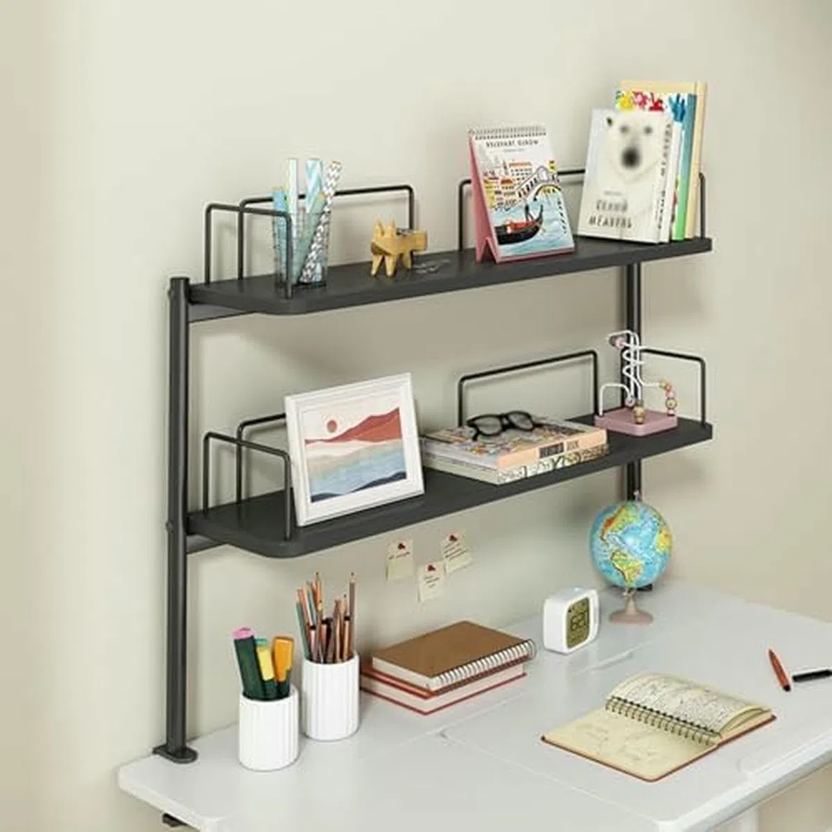 Organizador de escritorio negro – Organizador de escritorio de madera y mini estantería de almacenamiento compacto para el hogar, oficina, estudiante, dormitorio, exposición, versátil tablero de