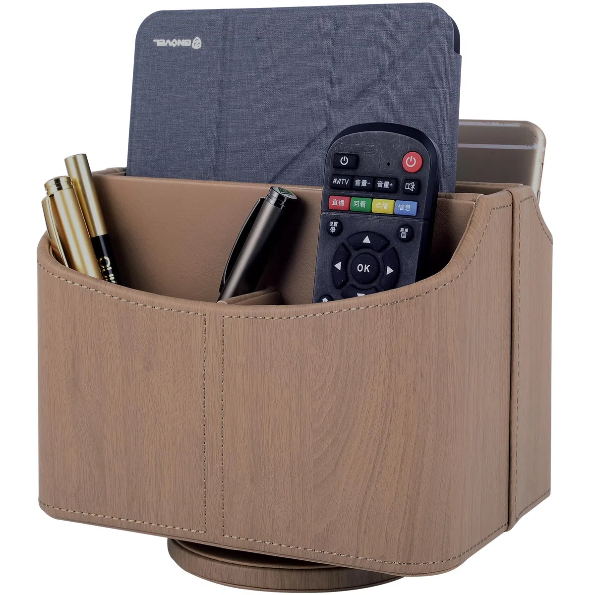Soporte de piel sintética para control remoto con 5 compartimentos, organizador de suministros de escritorio giratorio de 360 grados para bolígrafos, control de TV, teléfono, mini iPad, gafas,