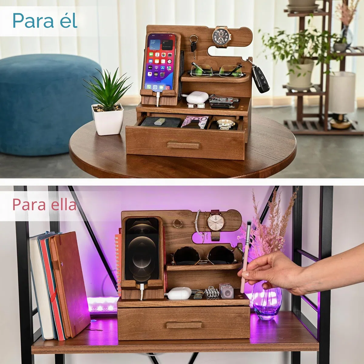 TESLYAR Estación de Acoplamiento de Madera para Teléfono con Cajón Organizador de Escritorio para Marido Regalos de Cumpleaños para Hombres Papá Regalo Padre Dia del Padre Regalos