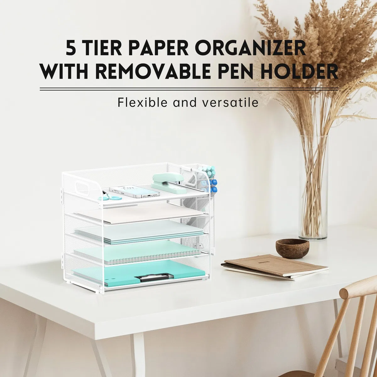 SUPEASY Organizador de escritorio de 5 niveles con asa y soportes extraíbles para bolígrafos, organizador de papel/archivos de malla para escritorio, bandeja de cartas de papel para suministros de