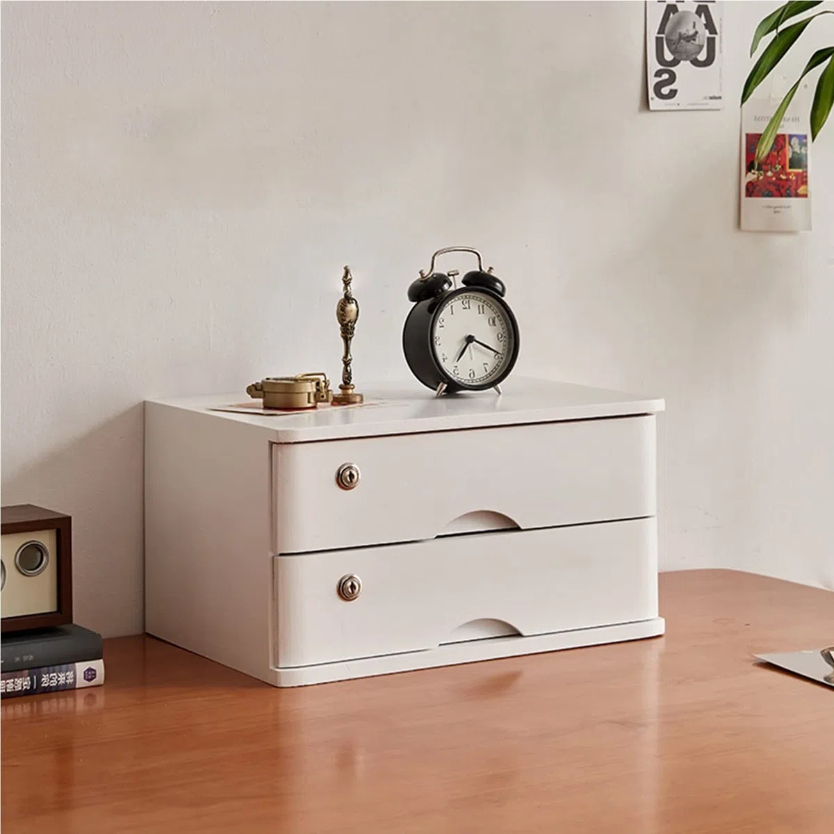 Archivador de madera con cerradura, caja de almacenamiento de madera maciza con 2 cajones, organizador de escritorio de oficina, almacenamiento de documentos de varios niveles, acabado blanco