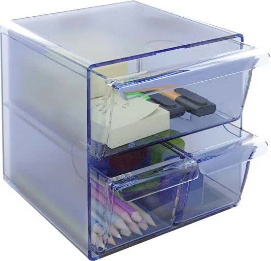 m-office Kali Organizador Modular Apilable Archicubo Fabricado En Poliestireno Transparente Con 2 Cajones Pequeños Y 1 Cajón Grande (Azul Transparente)