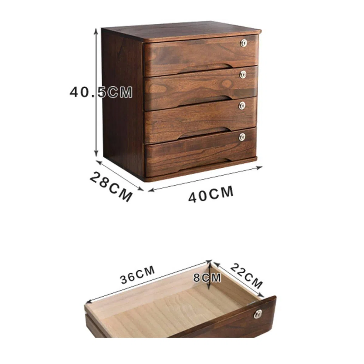 Caja de Almacenamiento de Escritorio de Madera Maciza con cajones con Cerradura, Armario de Escritorio de Cuatro Niveles para Documentos y Archivos de Oficina (Madera Natural + Blanco) Nogal