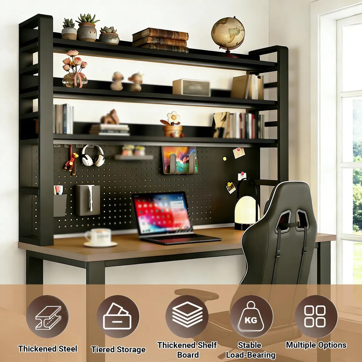Estante de escritorio de metal multifuncional de 2/3/4 niveles con tablero de clavijas, estantería independiente para oficina en casa y organización de dormitorio, blanco, 94 x 9 x 49 pulgadas