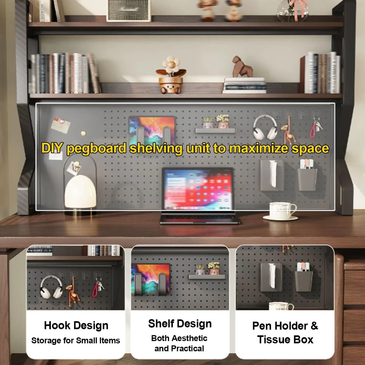 Organizador de escritorio de 3 niveles con tablero de clavijas, estante de almacenamiento de metal para oficina en casa, elegante diseño blanco y madera, perfecto para suministros de manualidades y
