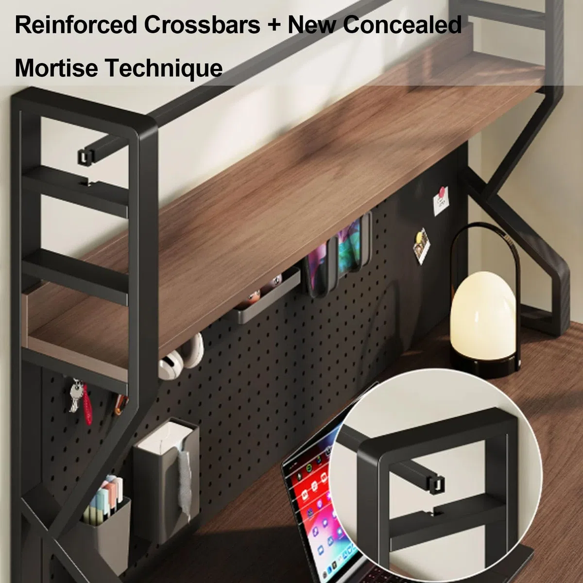 Organizador de escritorio de 3 niveles con tablero de clavijas, estante de almacenamiento de metal para oficina en casa, elegante diseño blanco y madera, perfecto para suministros de manualidades y