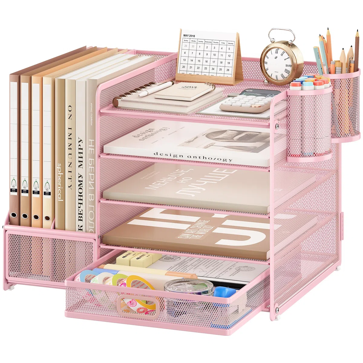 VITVITI Organizador de escritorio con archivador, organizador de escritorio de 5 niveles con 2 portabolígrafos, 2 bandejas para papeles y cajón para revistas, casa, escuela - Rosa