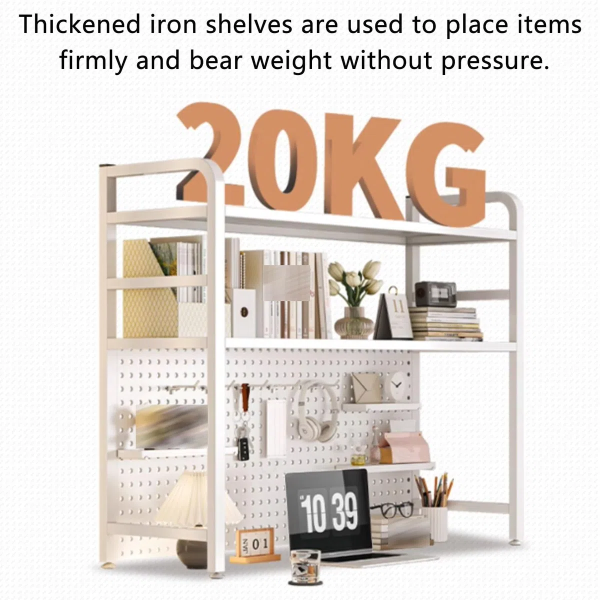 Freending - Estante de metal para escritorio con tablero de clavijas, Boohelf multifunción para dormitorio Colle, color blanco, 45.3 x 7.9 x 26.8 pulgadas, perfecto para nizing Boo & Supplies