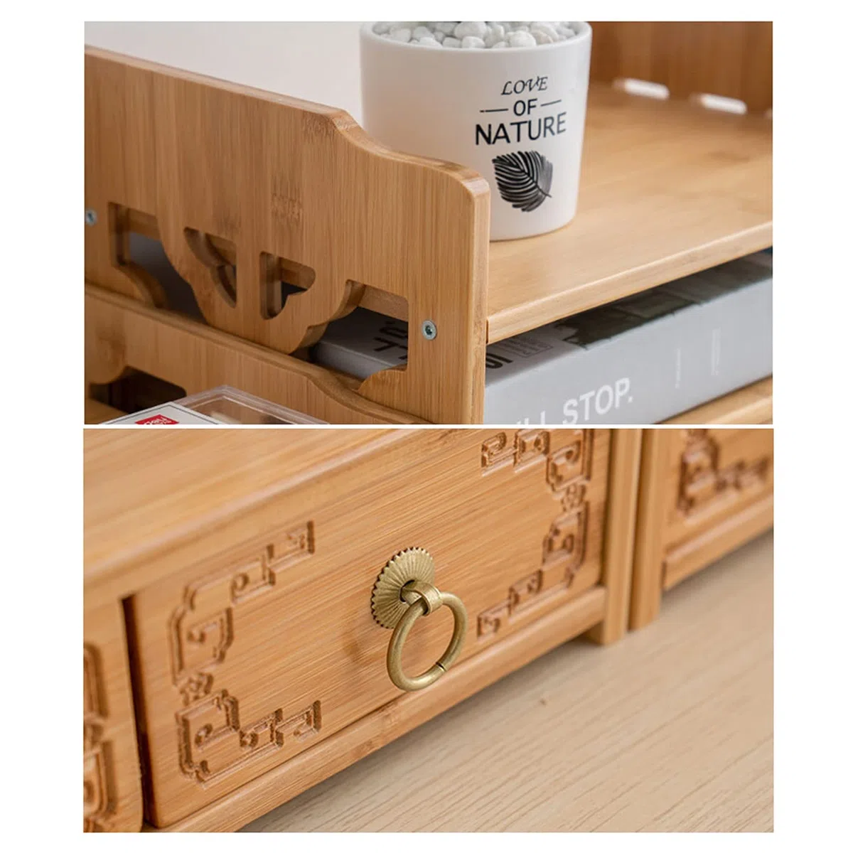 Caja de almacenaje Caja de almacenamiento de archivos de escritorio Caja de almacenamiento cosmético de escritorio Almacenamiento de bambú Rack Drawer Organizer Home Office Suministre Suministre Rack