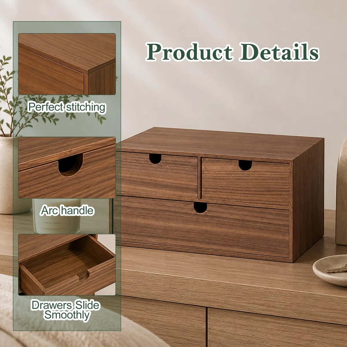 Organizador de escritorio de madera de 2 niveles con 3 cajones, gabinete de almacenamiento de escritorio para suministros de oficina, papelería, maquillaje, joyas y accesorios de manualidades