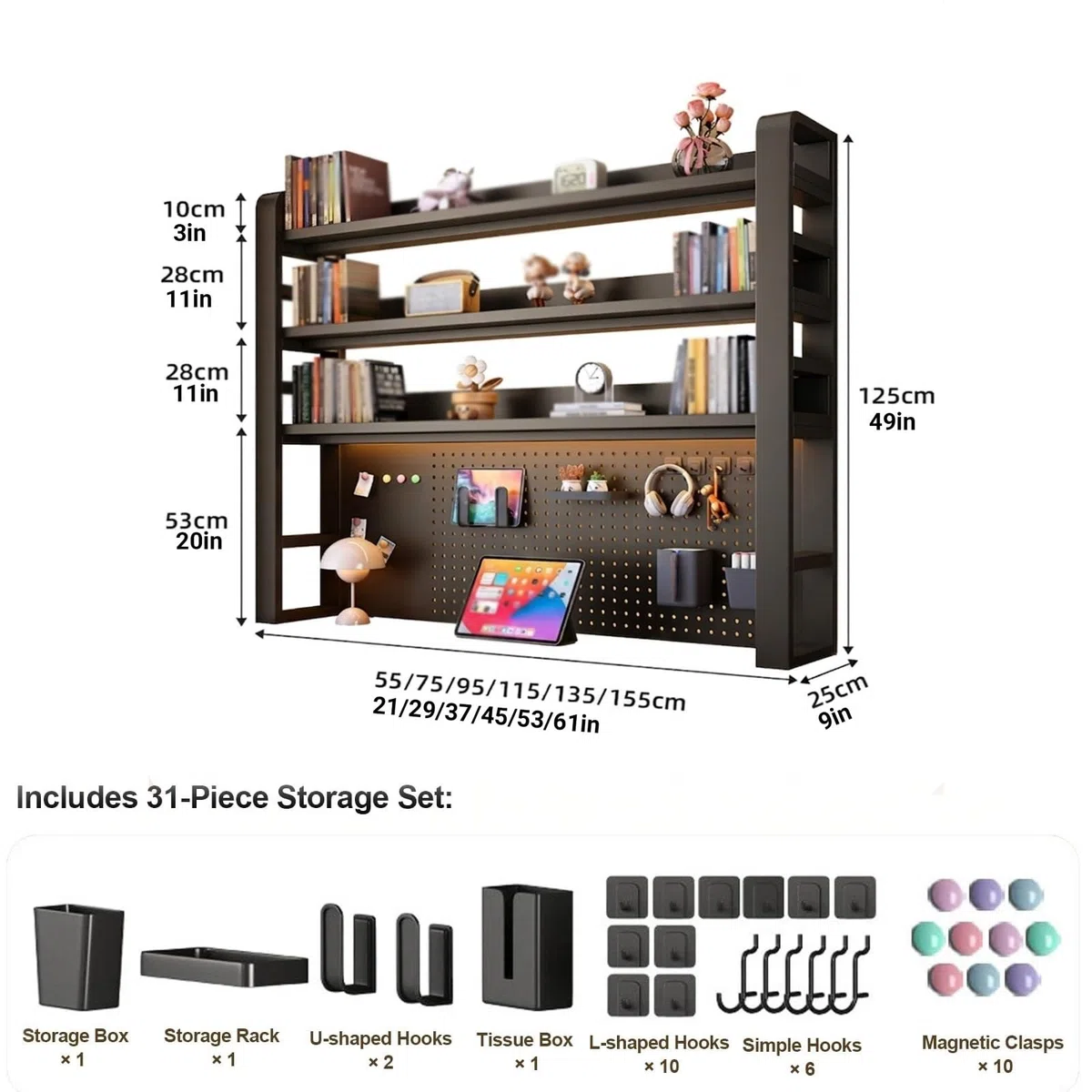 Estante de escritorio de metal multifuncional de 2/3/4 niveles con tablero de clavijas, estantería independiente para oficina en casa y organización de dormitorio, blanco, 94 x 9 x 49 pulgadas
