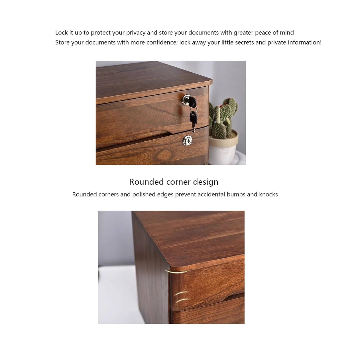 Caja de Almacenamiento de Escritorio de Madera Maciza con cajones con Cerradura, Armario de Escritorio de Cuatro Niveles para Documentos y Archivos de Oficina (Madera Natural + Blanco) Nogal