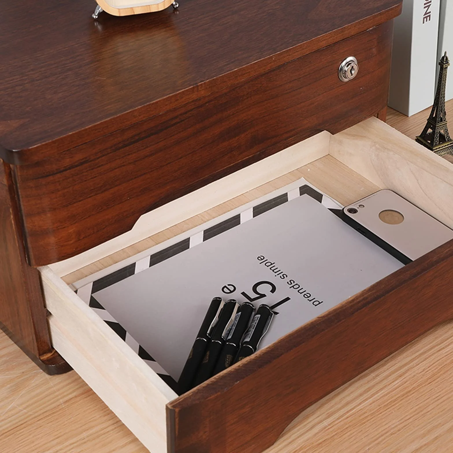 Caja De Almacenamiento De Madera Maciza, Organizador De Escritorio con Cerradura, Organizador De Cajones Y Accesorios para Oficina, Hogar Y Escuela, Archivador,2 Layer