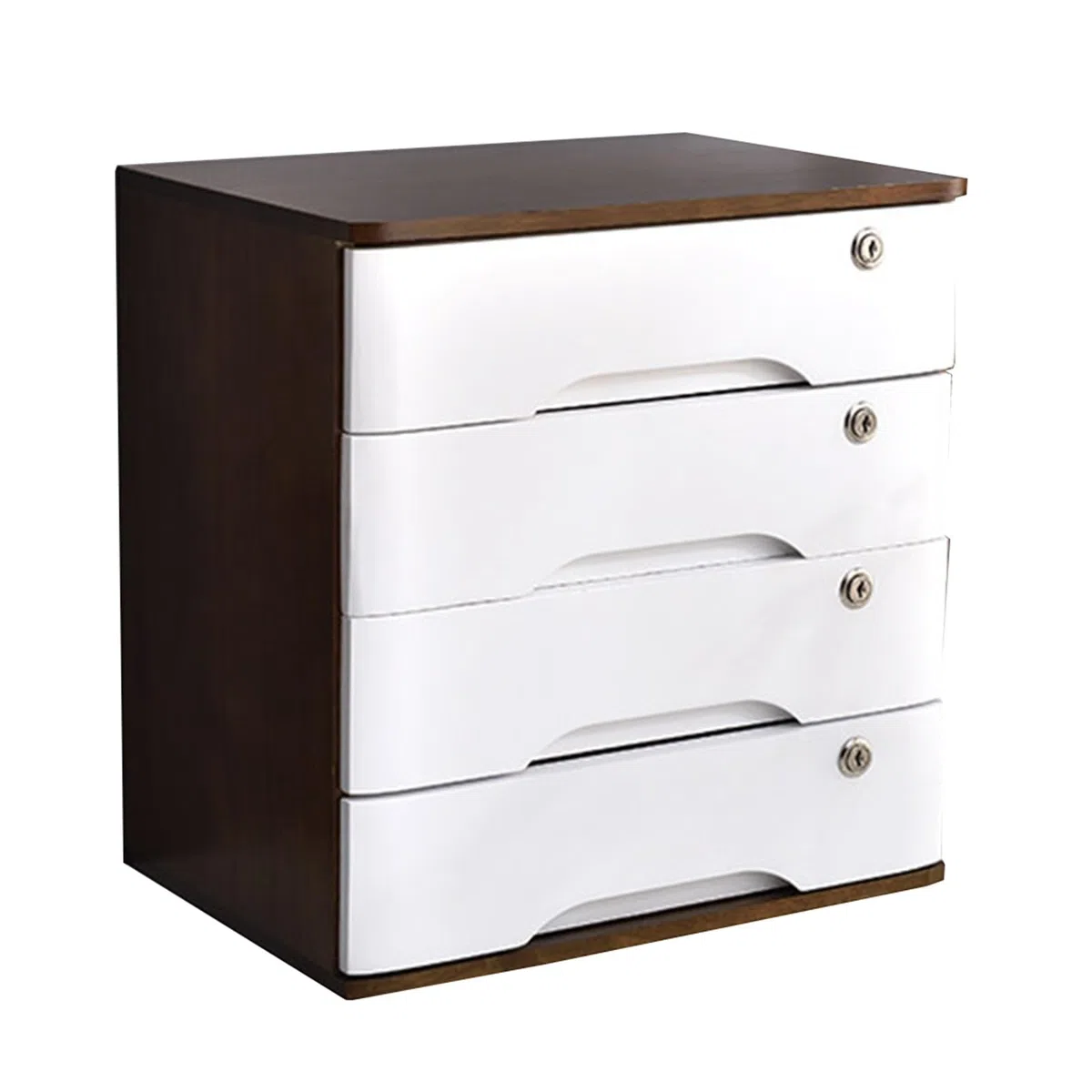 Caja de Almacenamiento de Escritorio de Madera Maciza con cajones con Cerradura, Armario de Escritorio de Cuatro Niveles para Documentos y Archivos de Oficina (Madera Natural + Blanco) Nogal