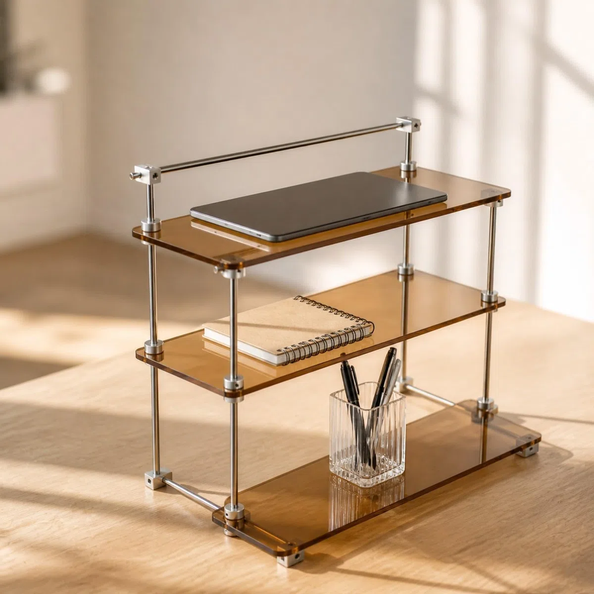3 Niveles Versátil | Estable, Escalonado, Organizador Mesa con borde, para Escritorio, Gris