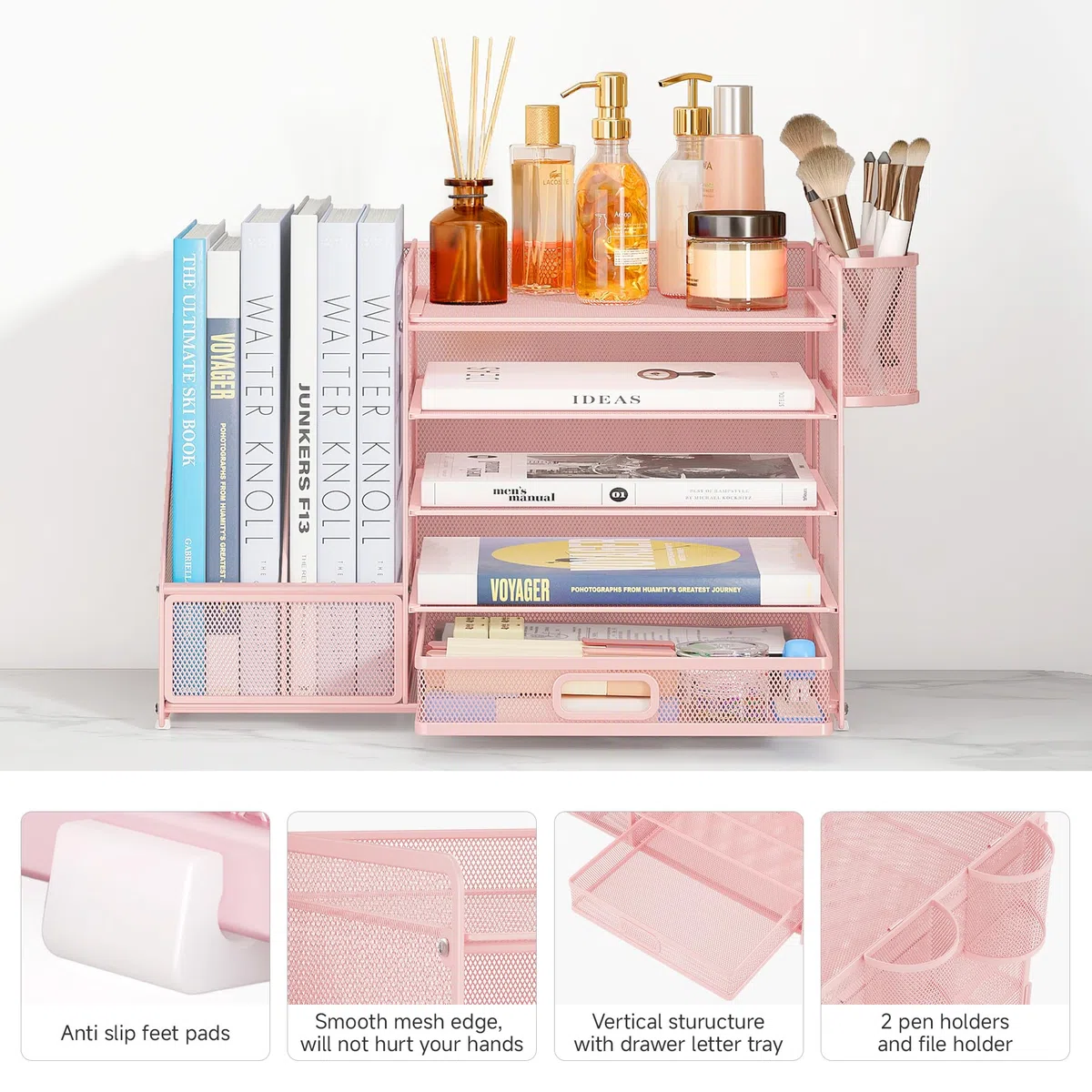 VITVITI Organizador de escritorio con archivador, organizador de escritorio de 5 niveles con 2 portabolígrafos, 2 bandejas para papeles y cajón para revistas, casa, escuela - Rosa