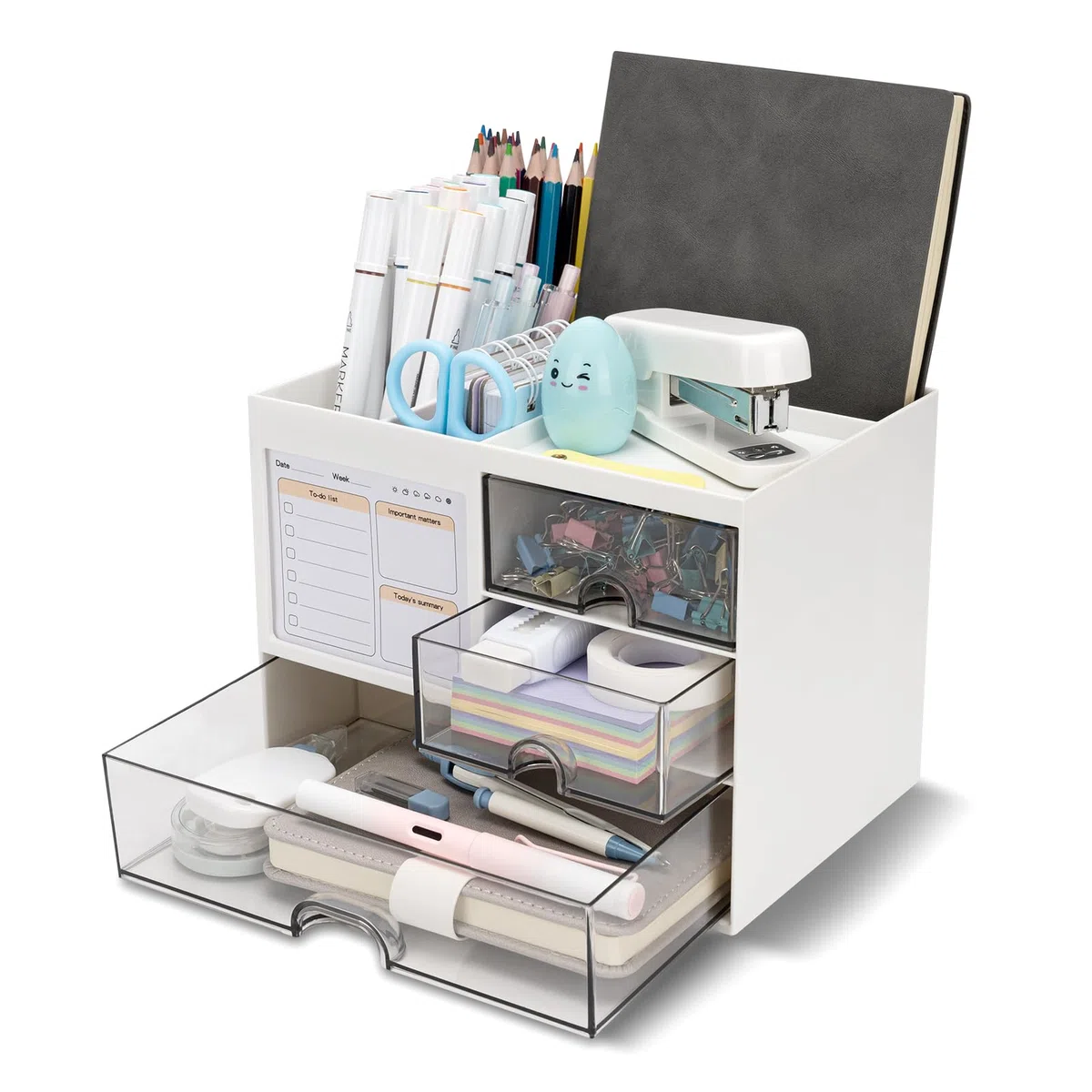 Organizador de escritorio con 3 cajones, portalápices multifunción para escritorio, organizador de escritorio y almacenamiento con 5 bolsillos, organizador de escritorio para oficina, hogar, material
