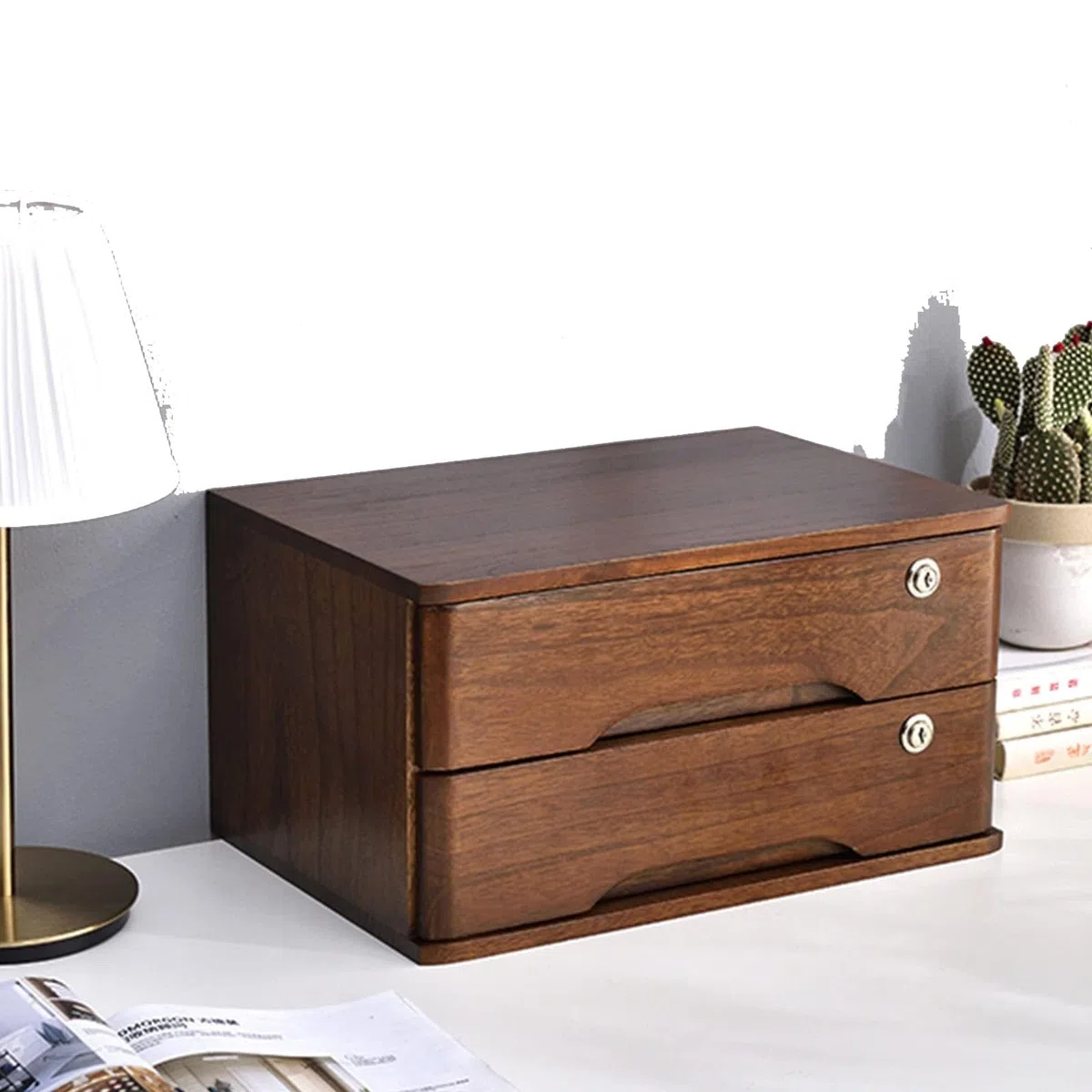 Caja De Almacenamiento De Madera Maciza, Organizador De Escritorio con Cerradura, Organizador De Cajones Y Accesorios para Oficina, Hogar Y Escuela, Archivador,2 Layer