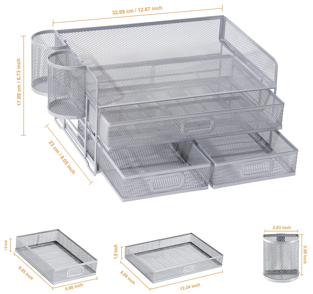 Organizador de escritorio de 3 bandejas con cajón, Messh Office Desk Supplies Organizer Carta de documentos Titular de la bandeja para Office Home (Plata)